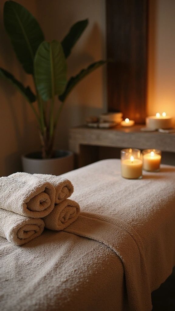 Ambiente de masaje relajante con toallas, velas y plantas